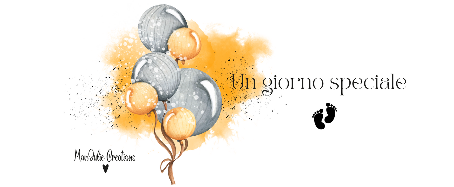 Grafica tazza mug per baby shower con palloncini blu arancioni e scritta "Un giorno speciale" e piedini.