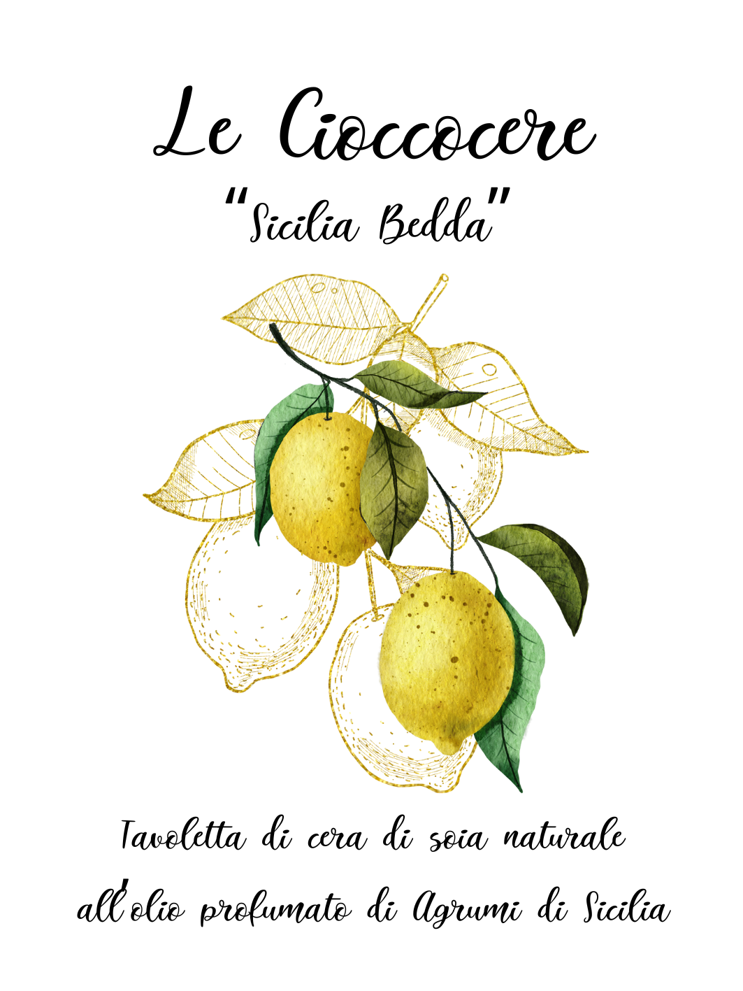 Cartellino illustrativo delle tavolette di cera di soia naturale da sciogliere profumata agli agrumi di Sicilia.