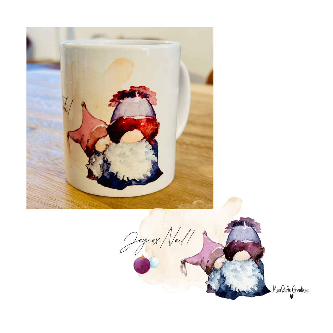 tazza mug natalizia con simpatici gnomi con scritta buon natale in francese.