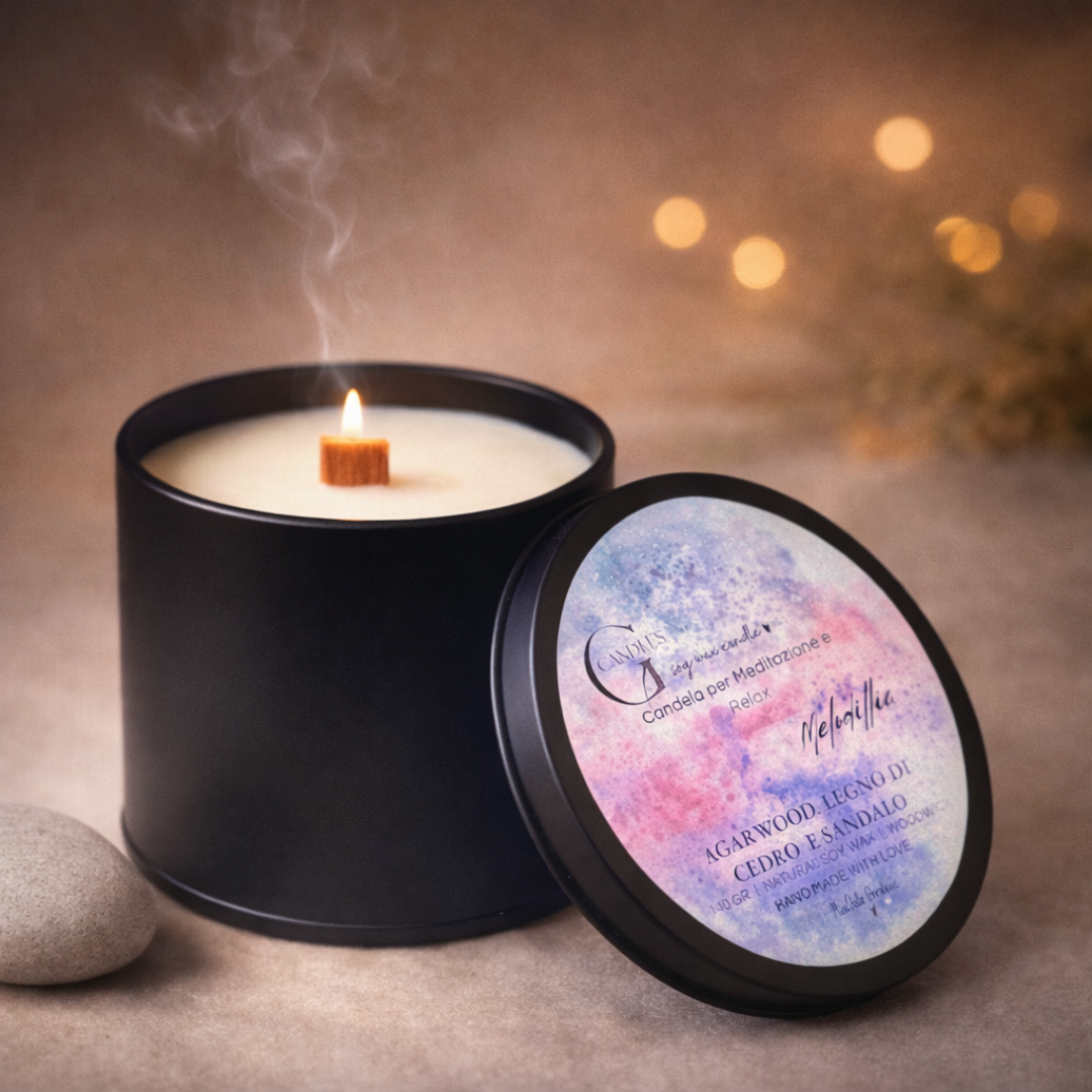 Candela per meditazione al profumo di legno di cedro e legno di sandalo in cera di soia biologica, artigianale in barattolino nero in alluminio, con grafica raffinata sul coprchio, sfondo chiaro e lucine soffuse.