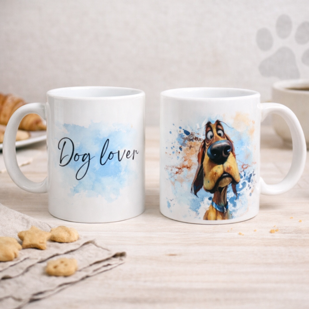 Tazza in ceramica bianca fronte e retro, con segugio marroncino in stile fumetto con scriita, realizzata artigianalmente, su tavolo in legno chiaro, tovagliolo in lino naturale, biscottini e croissant.