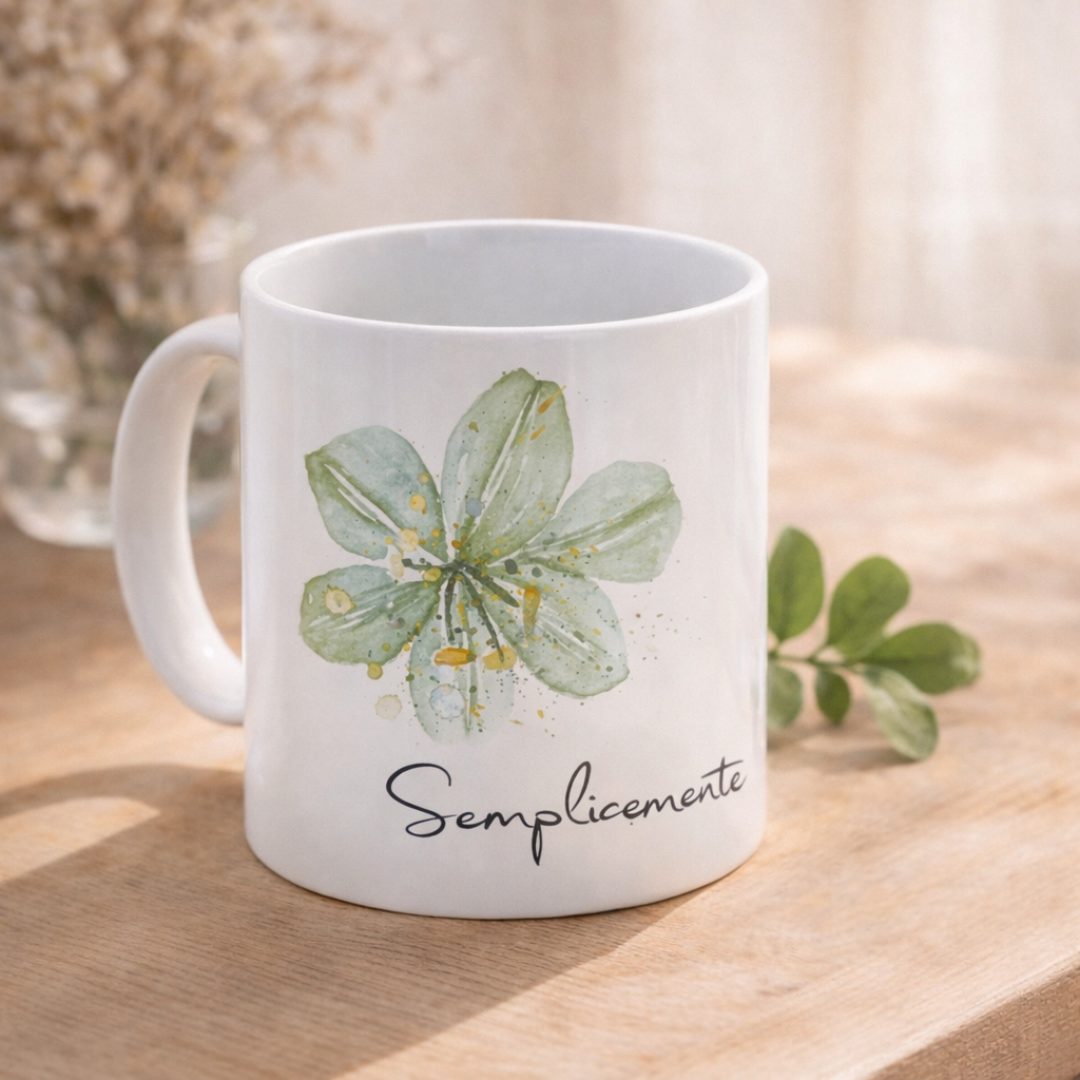 Tazza mug in ceramica bianca con manico, con grafica con fiore verde grande in toni pastello e frase con dedica, su piano in legno chiaro ben illuminato e rametto verde dcorativo. Realizzata artigianalmente.