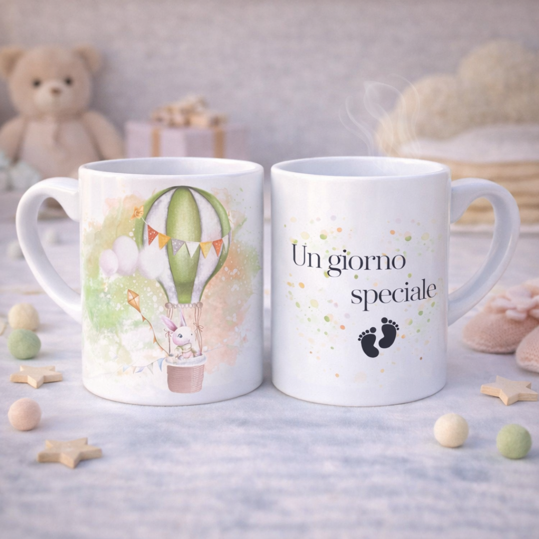 Tazza mug in ceramica bianca fronte e retro con coniglietto in mongolfiera verde, bianca e scritta con piedini, su piano bianco con stelline e dettagli decorativi da bebè color crema, con orsetto sullo sfondo.