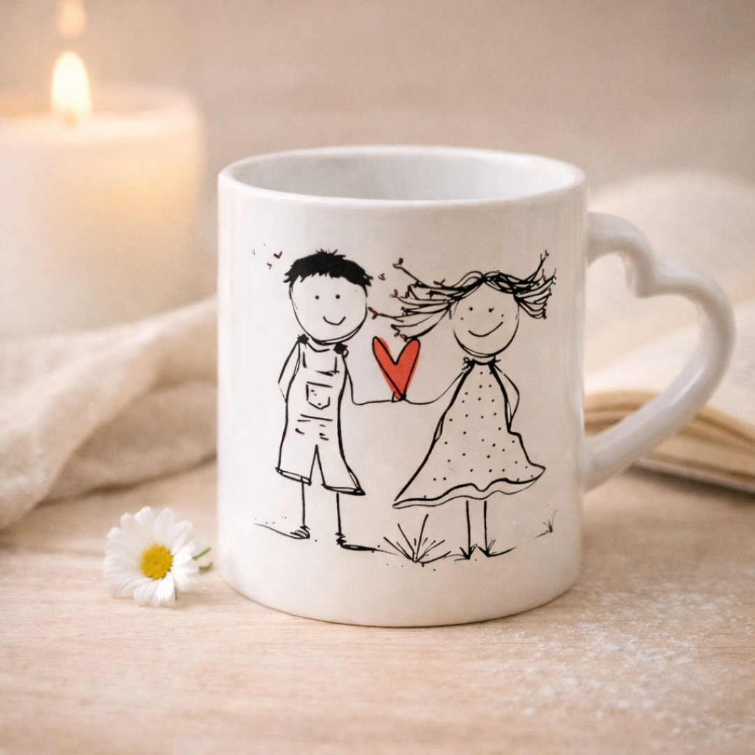 Tazza mug in ceramica bianca con manico a cuore per San Valentino, grafica realizzata a mano reffigurante un maschietto e una femminuccia stilizzati che tengono insieme in mano un cuore rosso. Sfondo chiaro e delicato, candela, margherita e tovagliolo in lino naturale come elementi decorativi.