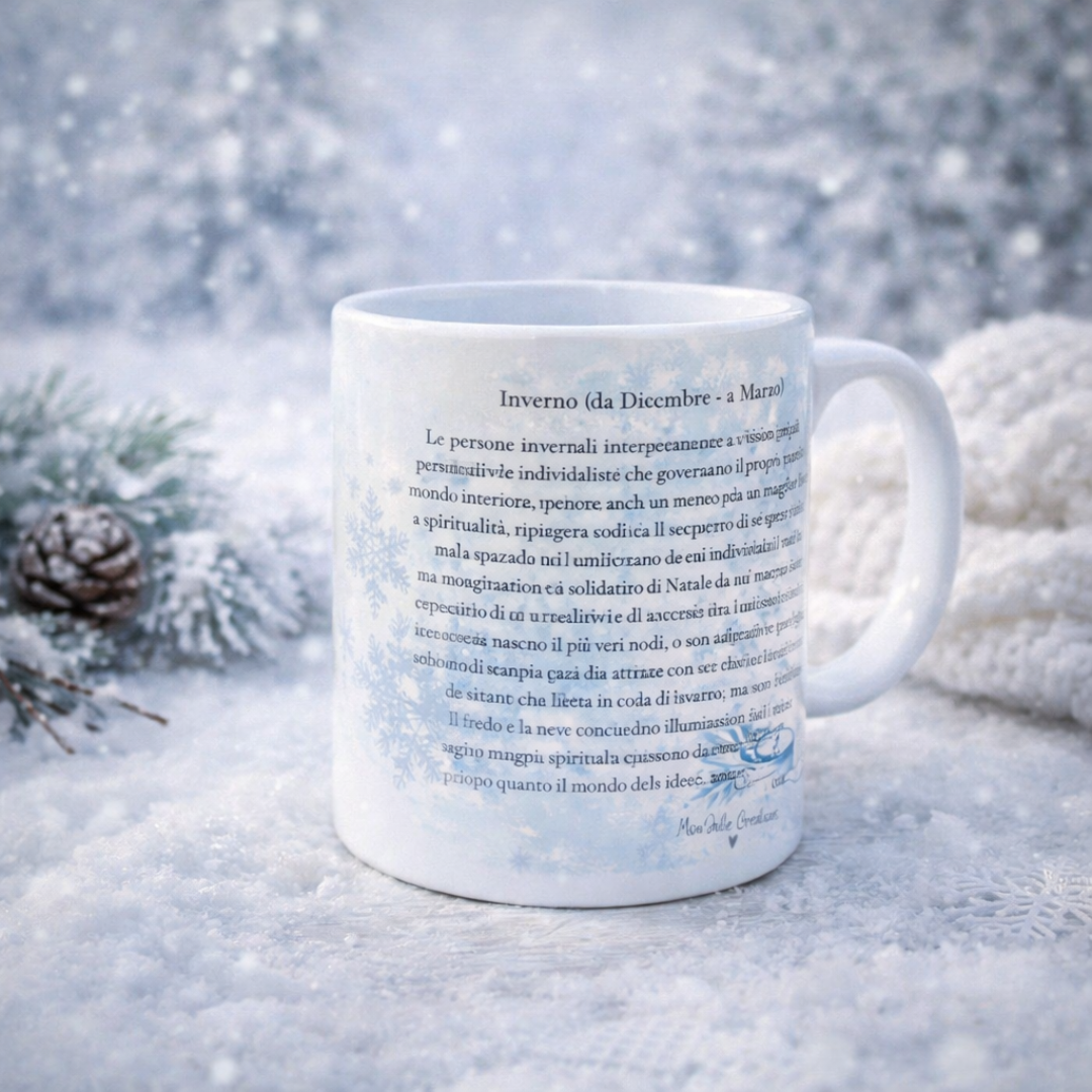 Tazza mug in ceramica bianca con scritta e colori azzurro pastello per compleanno, su piano e sfondo innevato, con rami di pino, pigna e copertina in maglia bianca.