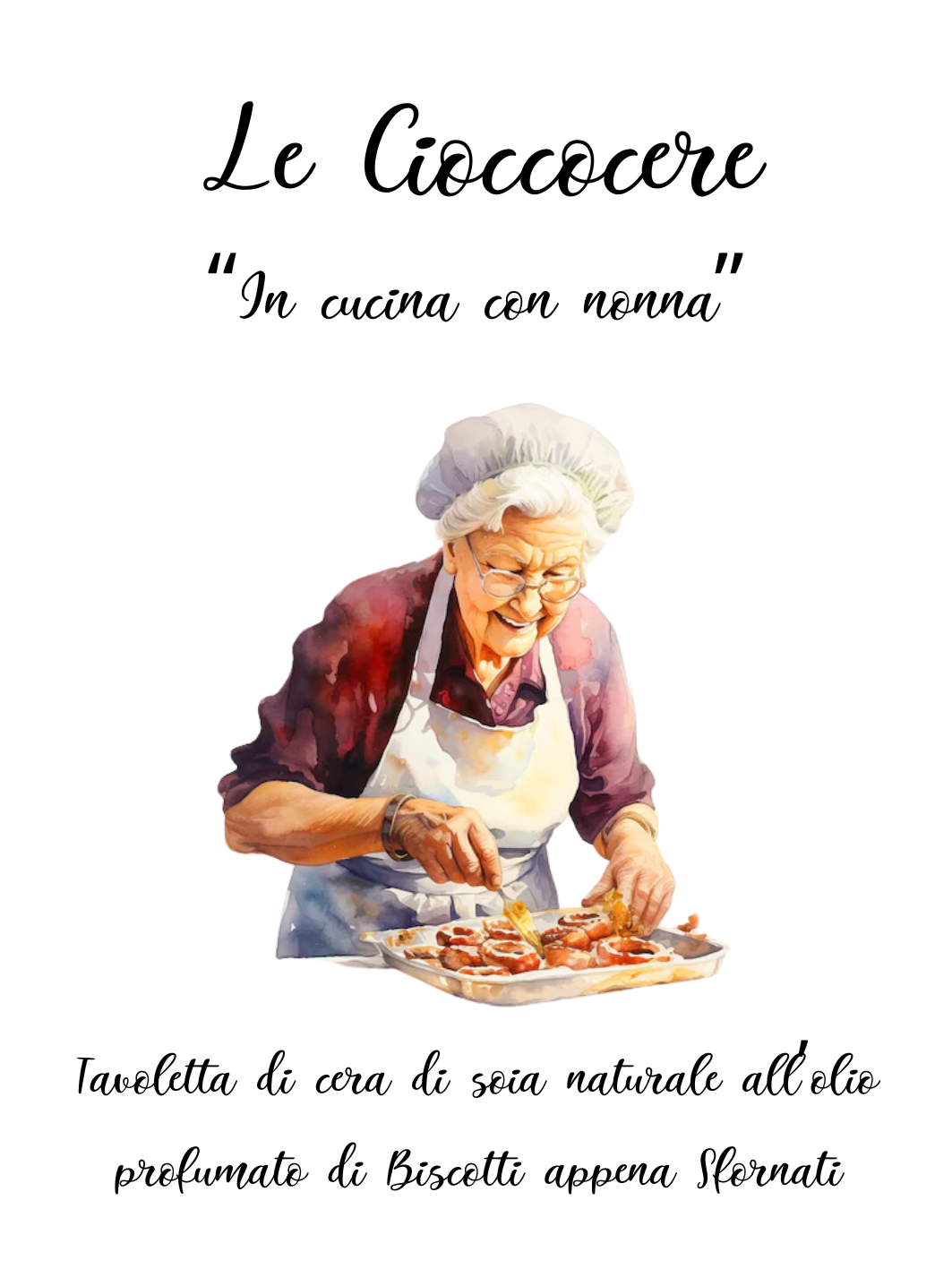 Cartellinio illustrativo per le tavolette di cera di soia naturale da sciogliere al profumo di biscotti appena sfornati.