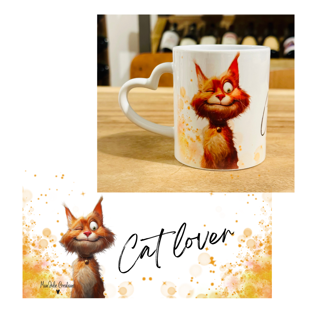 Tazza mug con manico a forma di cuore, grafica con gatto divertente e scritta Cat lover.