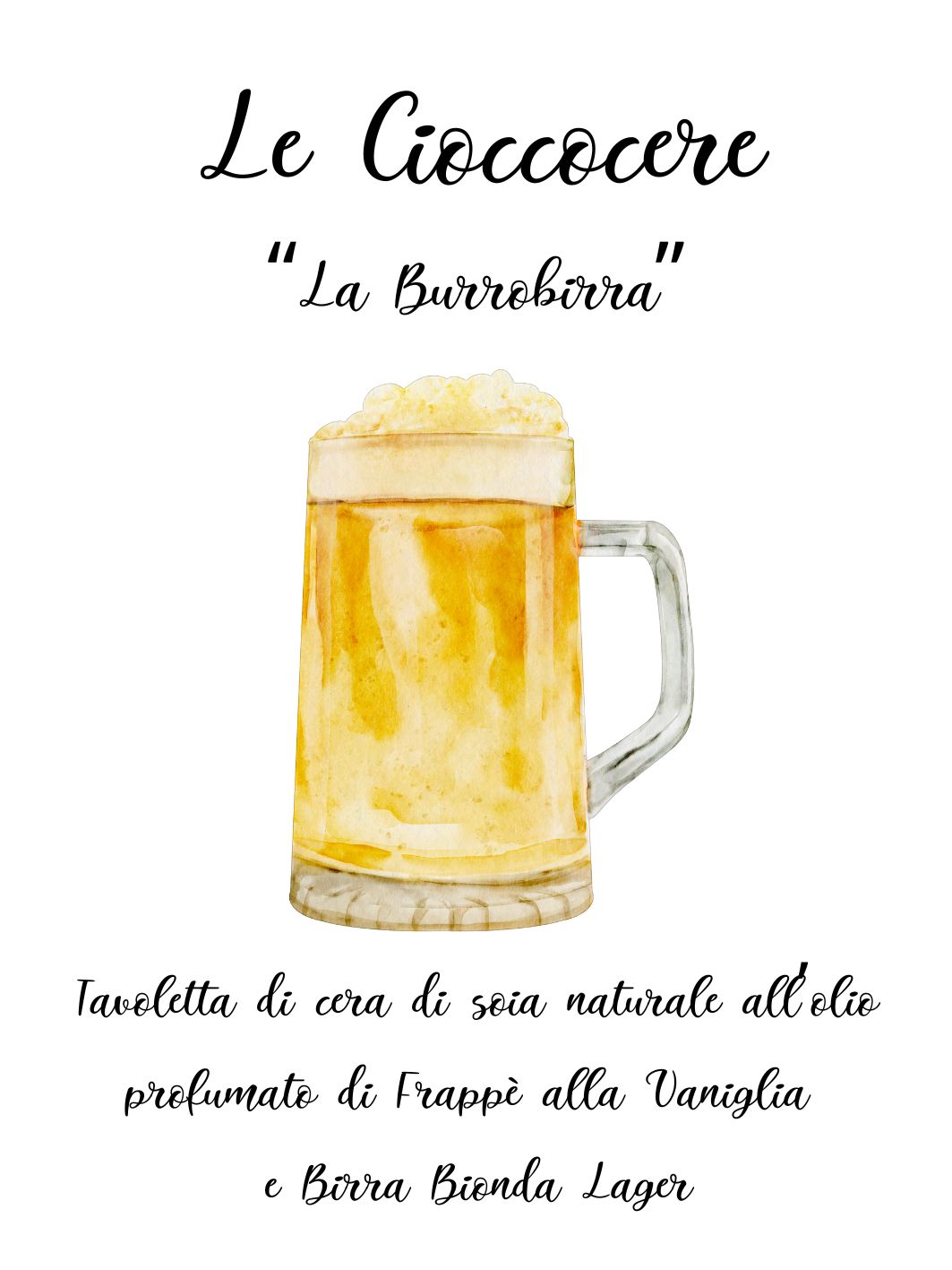 Cartellino illustrativo per le tavolette in cera di soia naturale da sciogliere al profumo di burrbirra.