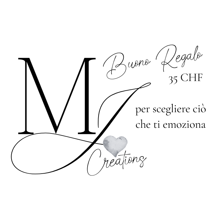 Buono regalo da 35 CHF MonJulie Creations, con lettere iniziali M J maiuscole con cuoricino grigio e scritte. 