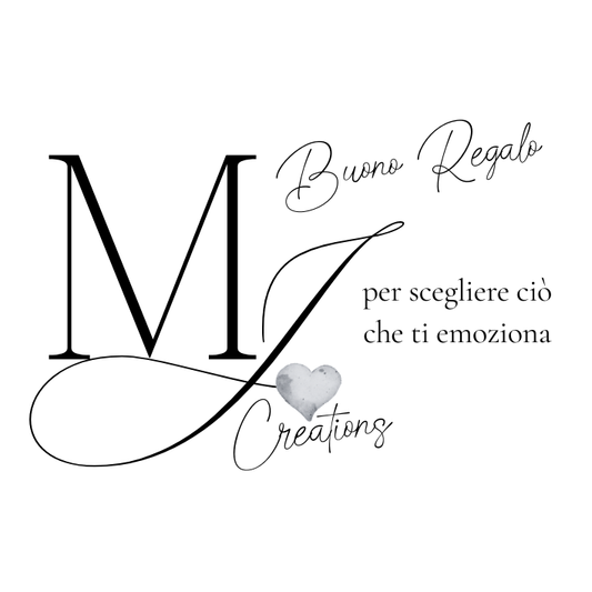 Buono regalo MonJulie Creations, con lettere iniziali M J maiuscole con cuoricino grigio e scritte.