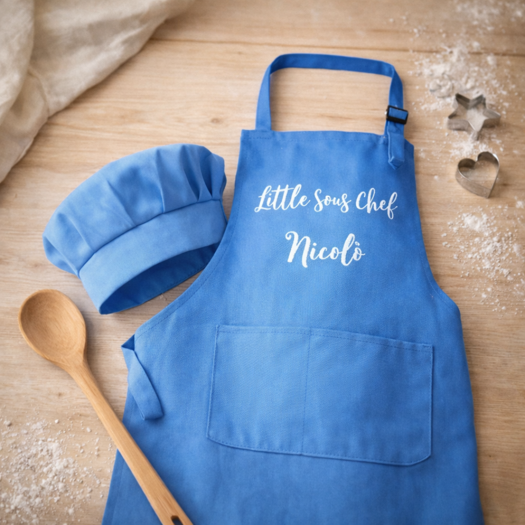 Grembiule e cappello da chef per bambini di colore blu, con scritta sul davanti personalizzata con nome. Su piano in legno infarinato con cucchiaio in legno e due formine per biscotti a forma di cuore e di stella.
