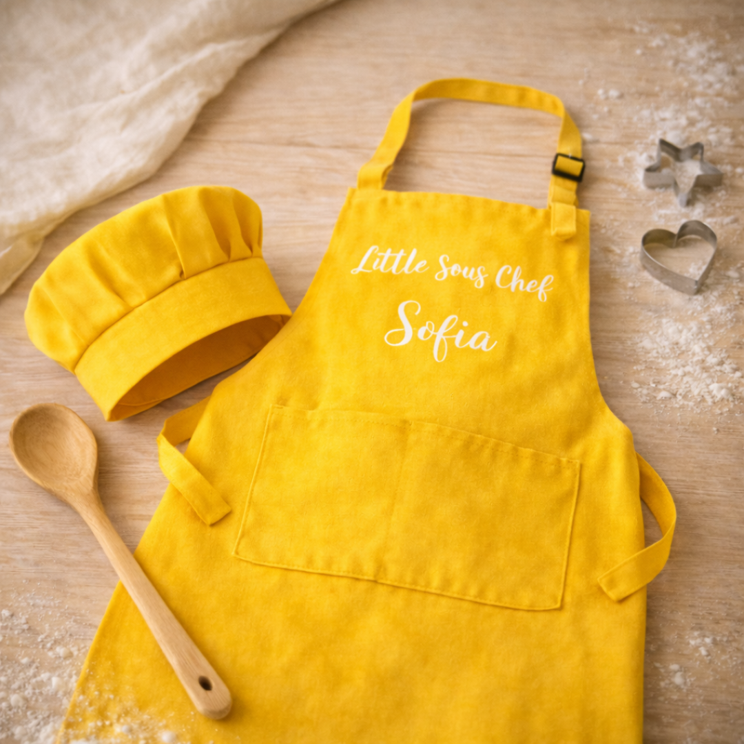 Grembiule e cappello da chef per bambini di colore giallo, con scritta sul davanti personalizzata con nome. Su piano in legno infarinato con cucchiaio in legno e due formine per biscotti a forma di cuore e di stella.