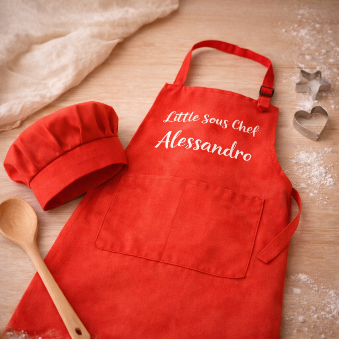 Grembiule e cappello da chef per bambini di colore rosso, con scritta sul davanti personalizzata con nome. Su piano in legno infarinato con cucchiaio in legno e due formine per biscotti a forma di cuore e di stella.