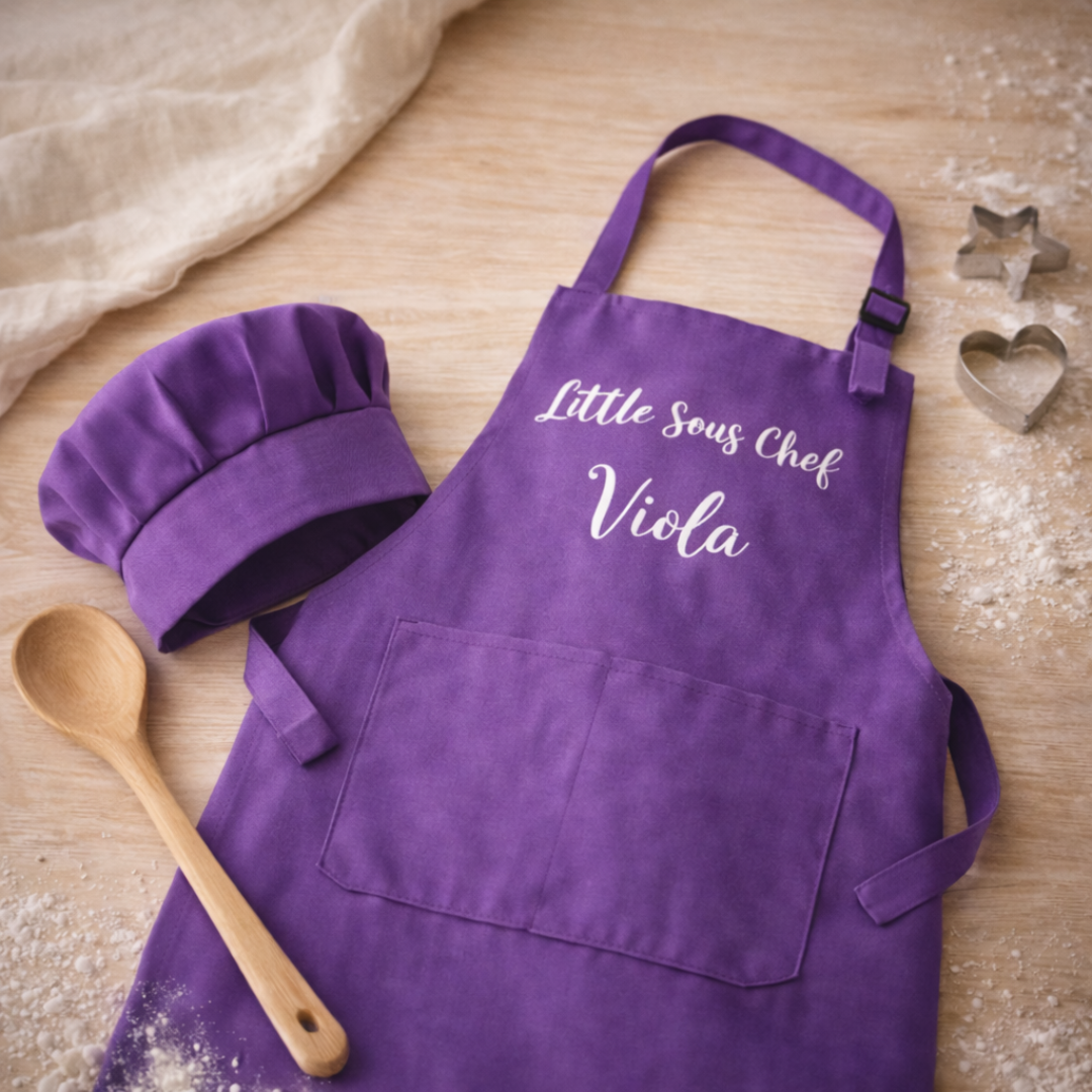 Grembiule e cappello da chef per bambini di colore viola, con scritta sul davanti personalizzata con nome. Su piano in legno infarinato con cucchiaio in legno e due formine per biscotti a forma di cuore e di stella.