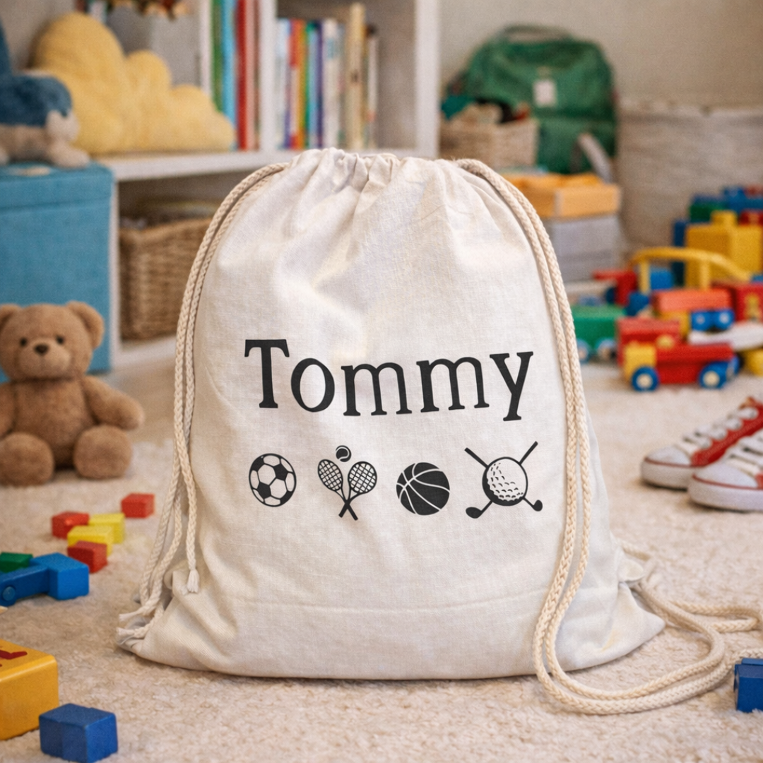 Sacca in tessuto naturale personalizzata con nome per bambini, tema calcio, in stanza con orsetto e giochi colorati.