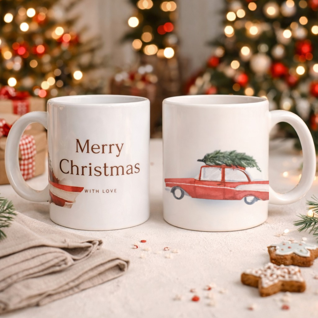 Tazza mug in ceramica bianca fronte e retro con auto d'epoca rossa con albero e scritta natalizia, su tavolo in legno bianco, con tovagliolo in lino naturale, biscottini e alberi decorati con lucine sullo sfondo.