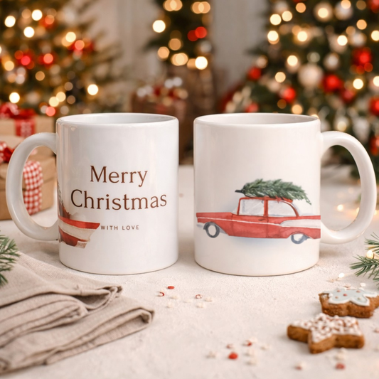 Tazza mug in ceramica bianca fronte e retro con auto d'epoca rossa con albero e scritta natalizia, su tavolo in legno bianco, con tovagliolo in lino naturale, biscottini e alberi decorati con lucine sullo sfondo.