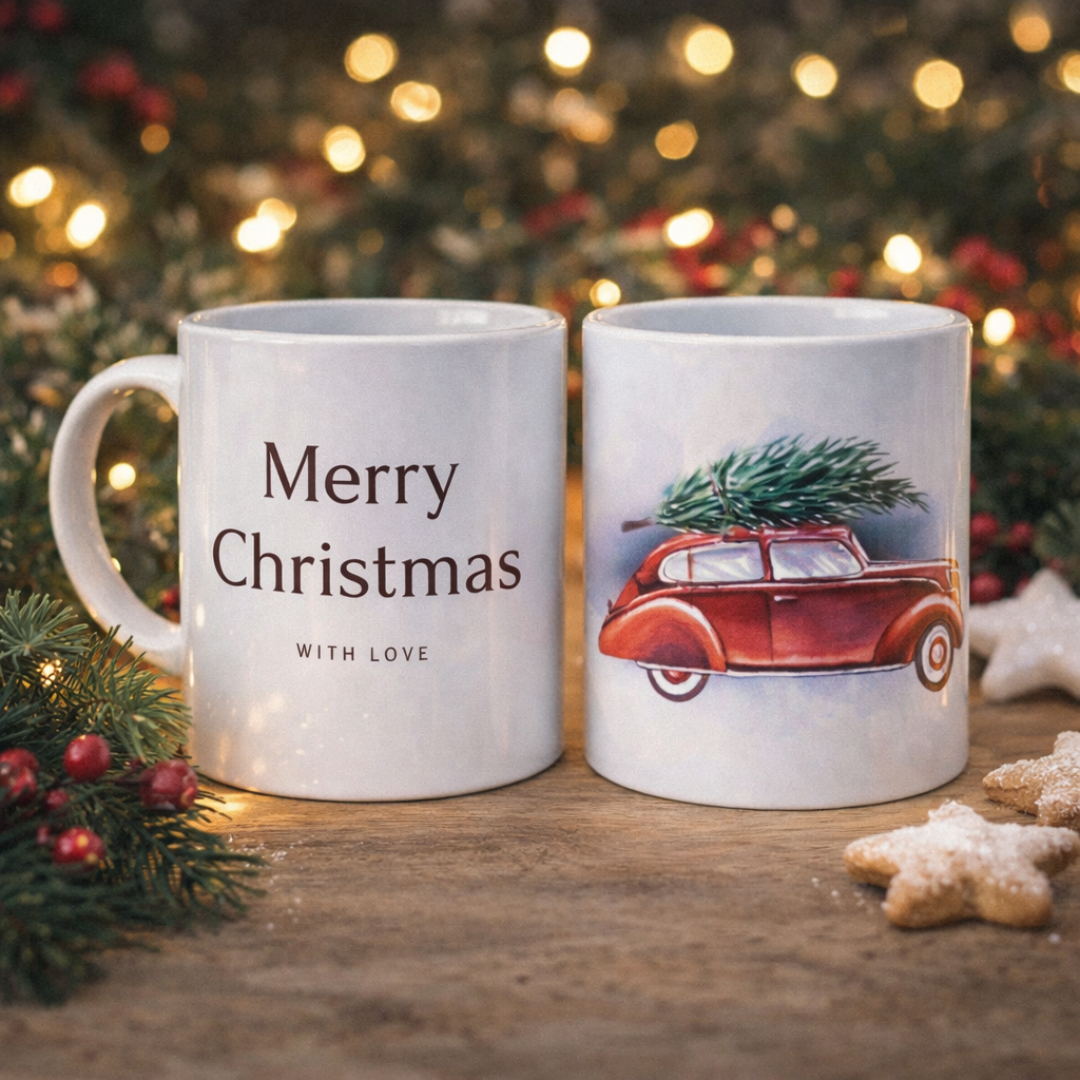 Tazza mug in ceramica bianca fronte e retro con auto d'epoca rossa con albero e scritta natalizia, su tavolo in legno rustico, biscottini e alberi decorati con lucine sullo sfondo.
