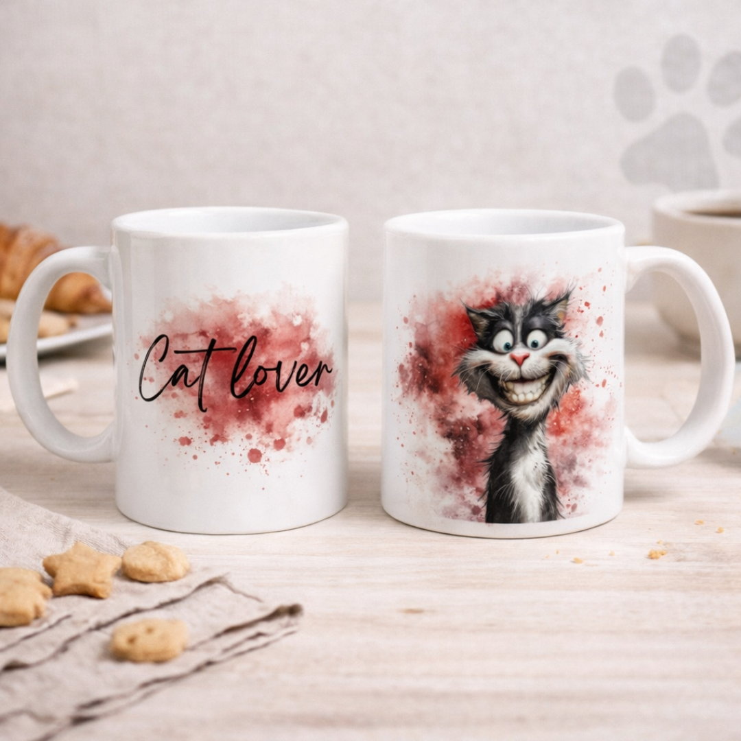 Tazza in ceramica bianca fronte e retro, con gatto sarcastico in stile fumetto con scriita, realizzata artigianalmente, su tavolo in legno chiaro, tovagliolo in lino naturale, biscottini e croissant.