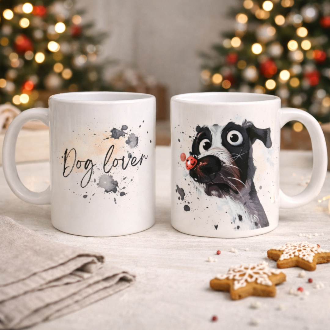 Tazza in ceramica bianca fronte e retro, con cane bianco e nero con coccinella sul naso in stile fumetto con scriita, realizzata artigianalmente, su tavolo in legno chiaro, tovagliolo in lino naturale, biscottini ed alberi con lucine.