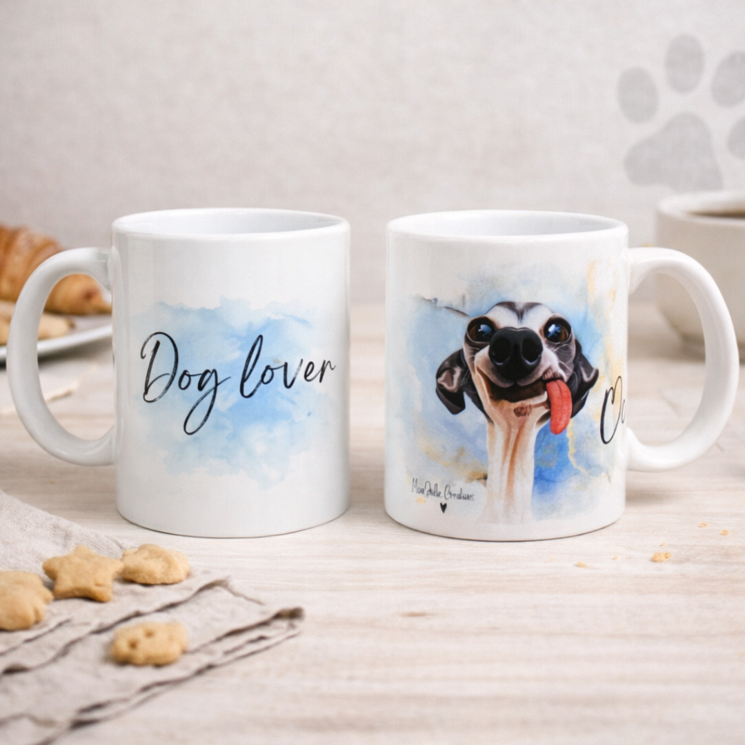 Tazza in ceramica bianca fronte e retro, con cane bianco e nero con lingua di fuori in stile fumetto con scriita, realizzata artigianalmente, su tavolo in legno chiaro, tovagliolo in lino naturale, biscottini e croissant.