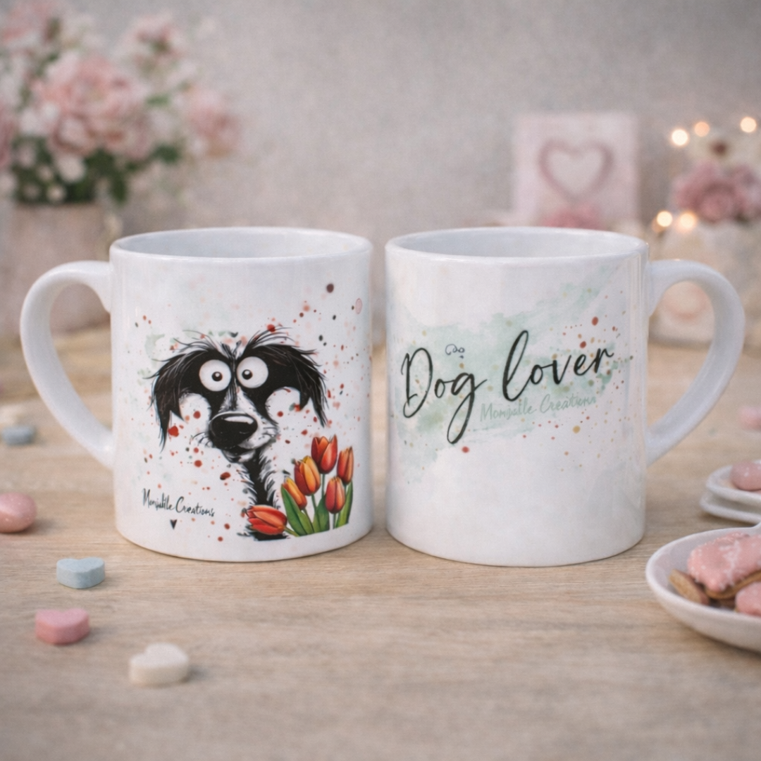 Tazza in ceramica bianca fronte e retro, con bianco e nero e tulipani rossi in stile fumetto con scriita, realizzata artigianalmente, su tavolo in legno chiaro con dolcetti ed elementi decorativi sullo sfondo.