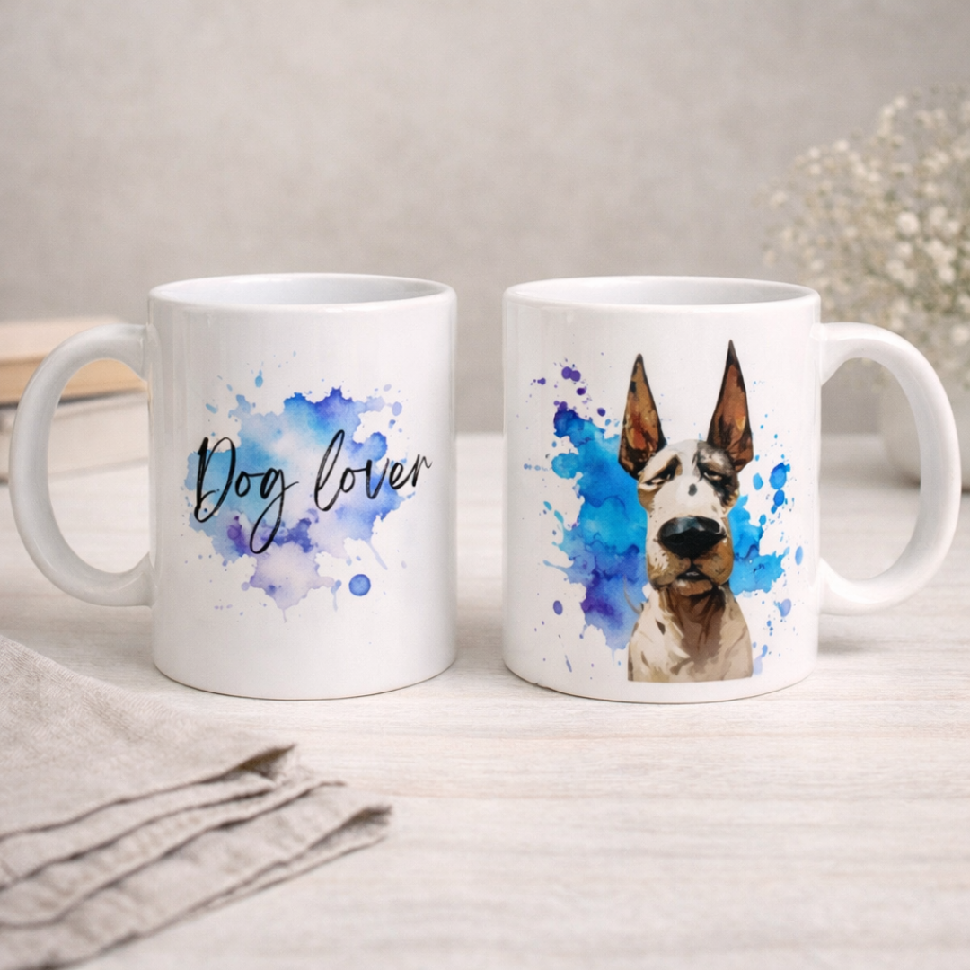 Tazza in ceramica bianca fronte e retro, con cane con orecchie a punta in stile fumetto con scriita, realizzata artigianalmente, su tavolo in legno chiaro e tovagliolo in lino naturale con fiorellini sullo sfondo.