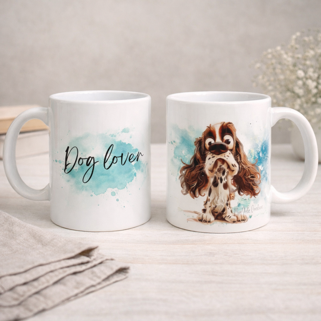 Tazza in ceramica bianca fronte e retro, con cocker maculato in stile fumetto con scriita, realizzata artigianalmente, su tavolo in legno chiaro e tovagliolo in lino naturale con fiorellini sullo sfondo.