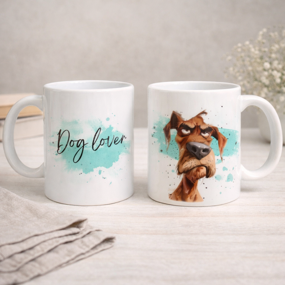 Tazza in ceramica bianca fronte e retro, con cane marroncino imbronciato in stile fumetto con scriita, realizzata artigianalmente, su tavolo in legno chiaro e tovagliolo in lino naturale con fiorellini sullo sfondo.