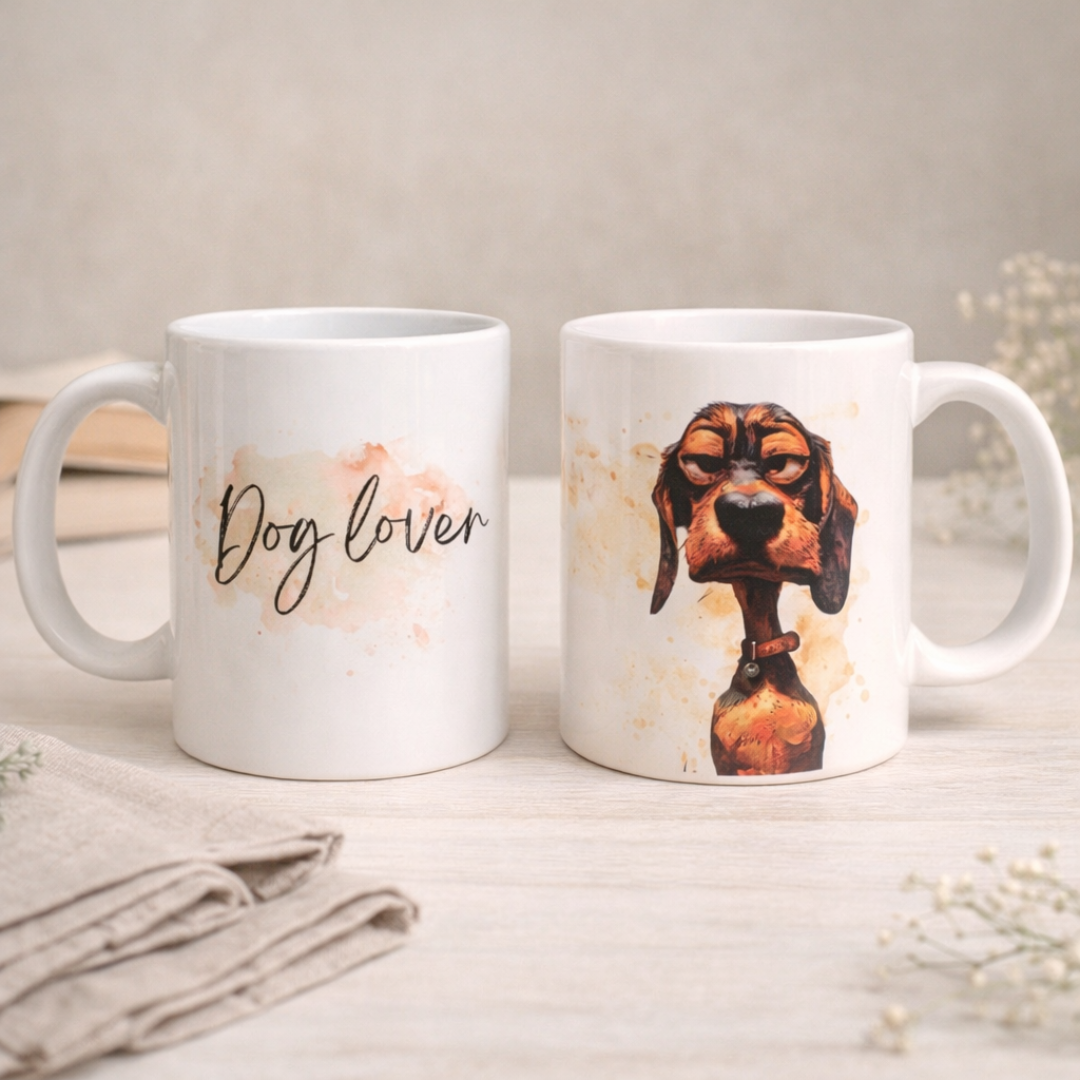 Tazza in ceramica bianca fronte e retro, con cane marroncino in stile fumetto con scriita, realizzata artigianalmente, su tavolo in legno chiaro e tovagliolo in lino naturale con fiorellini sullo sfondo.