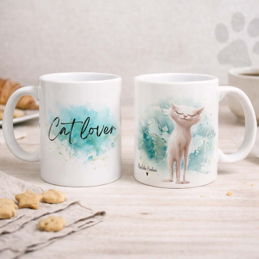 Tazza in ceramica bianca fronte e retro, con gatto bianco in stile fumetto con scriita, realizzata artigianalmente, su tavolo in legno chiaro, tovagliolo in lino naturale, biscottini e croissant.