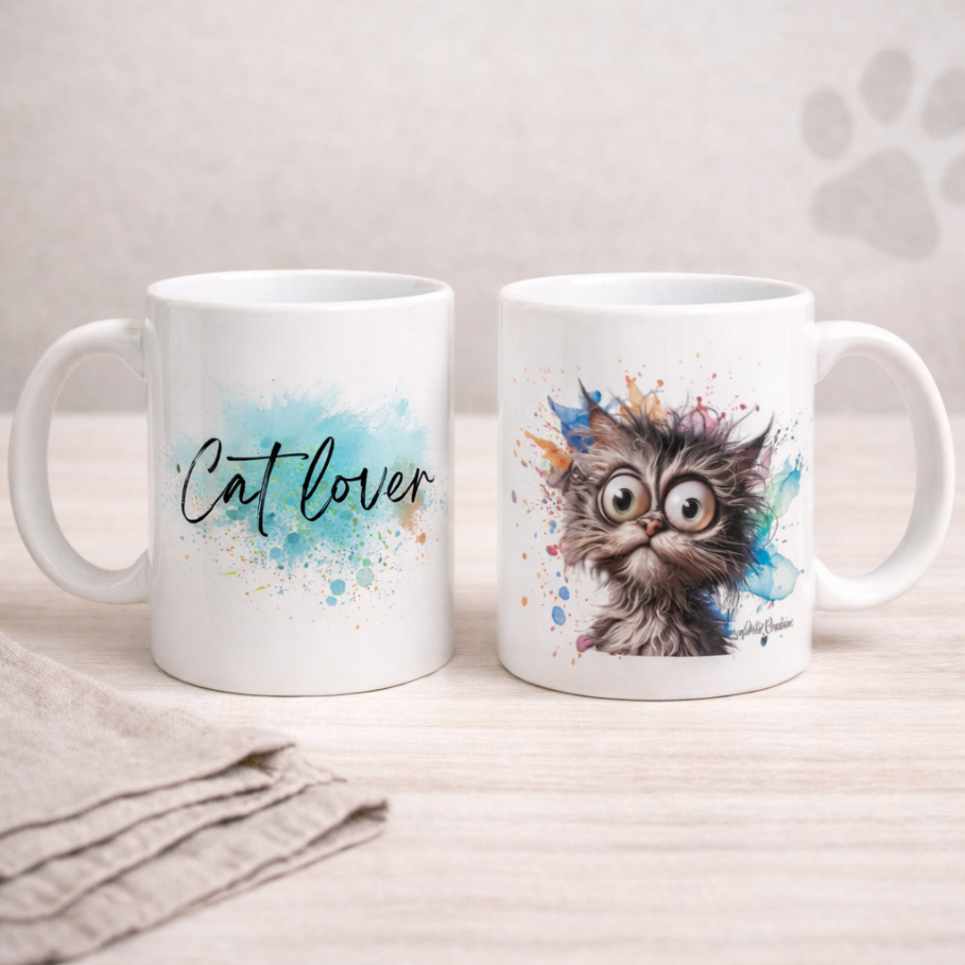 Tazza in ceramica bianca fronte e retro, con gatto con occhi grandi in stile fumetto con scriita, realizzata artigianalmente, su tavolo in legno chiaro e tovagliolo in lino naturale.