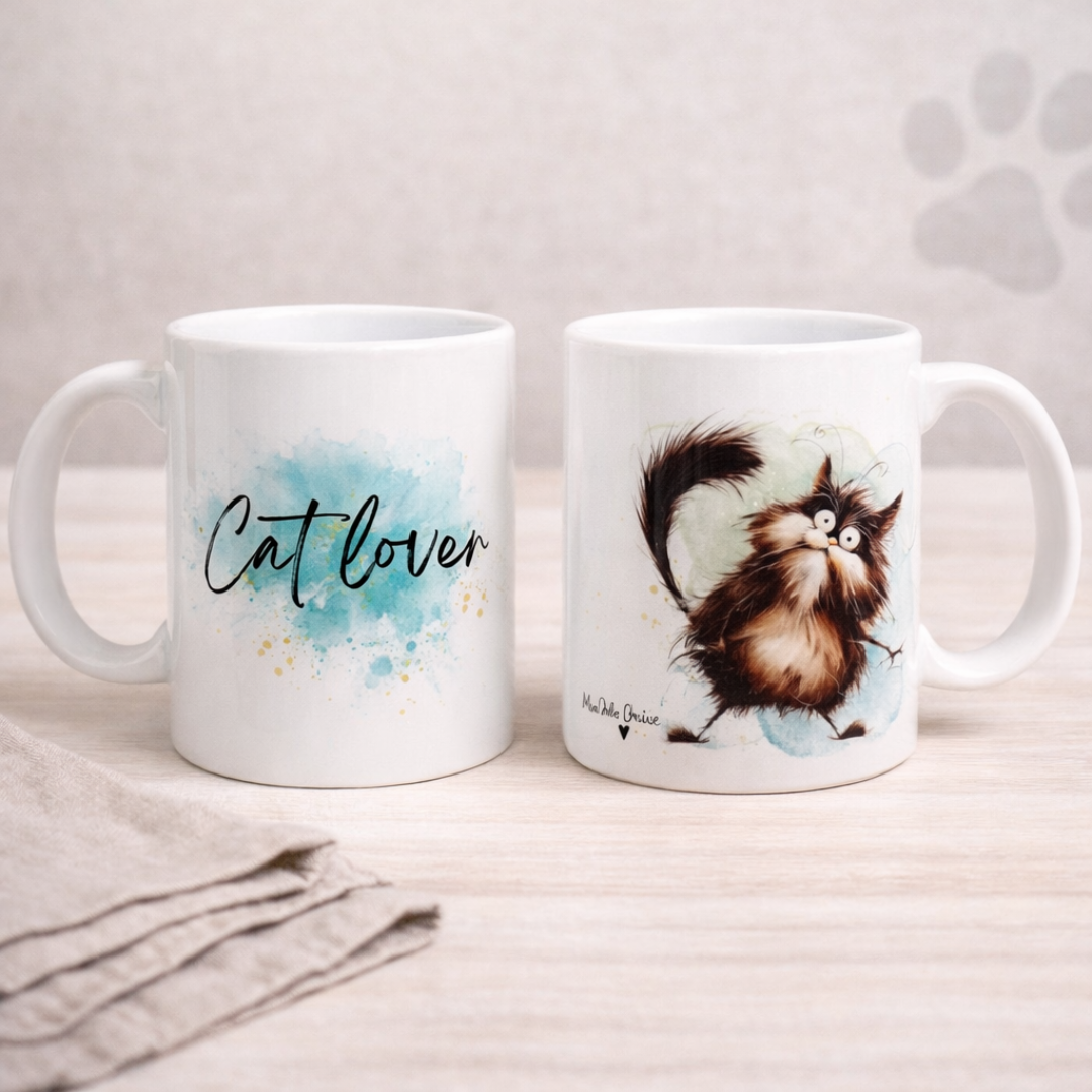 Tazza in ceramica bianca fronte e retro, con gatto divertente in stile fumetto con scriita, realizzata artigianalmente, su tavolo in legno chiaro e tovagliolo in lino naturale.