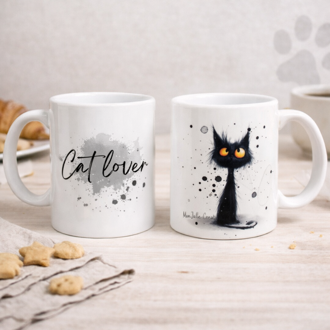 Tazza in ceramica bianca fronte e retro, con gatto nero in stile fumetto con scriita, realizzata artigianalmente, su tavolo in legno chiaro, tovagliolo in lino naturale, biscottini e croissant.