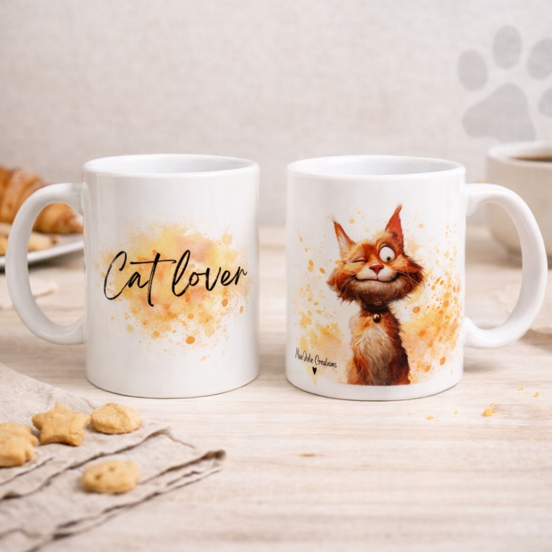 Tazza in ceramica bianca fronte e retro, con gatto rosso in stile fumetto con scriita, realizzata artigianalmente, su tavolo in legno chiaro, tovagliolo in lino naturale, biscottini e croissant.