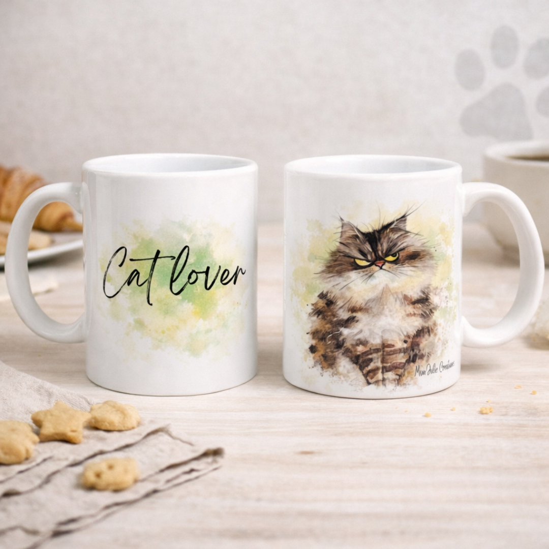 Tazza in ceramica bianca fronte e retro, con gatto imbronciato in stile fumetto con scriita, realizzata artigianalmente, su tavolo in legno chiaro, tovagliolo in lino naturale, biscottini e croissant.