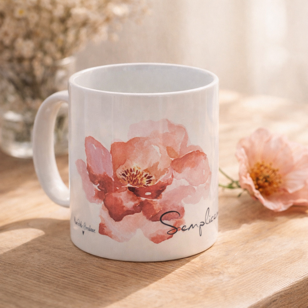 Tazza mug in ceramica bianca con manico, con grafica con fiore rosa scuro grande in toni pastello e frase con dedica, su piano in legno chiaro ben illuminato e fiore rosa dcorativo.
Realizzata artigianalmente.