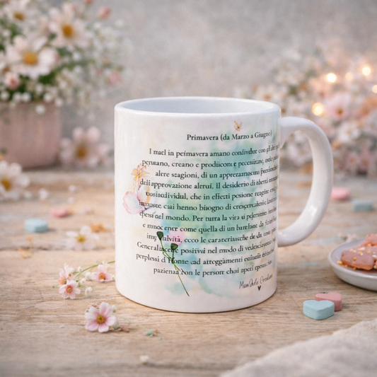 Tazza mug in ceramica bianca con fiori e scritta per compleanno su piano in legno chiaro con fioreliini bianchi, cuoricini su sfondo con atmosfera e dettagli primaverili.