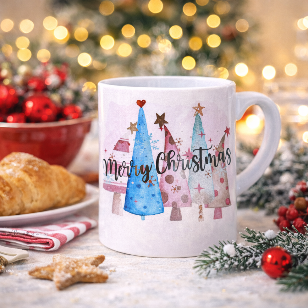 Tazza Mug Natalizia con Alberelli Colorati - Merry Christmas