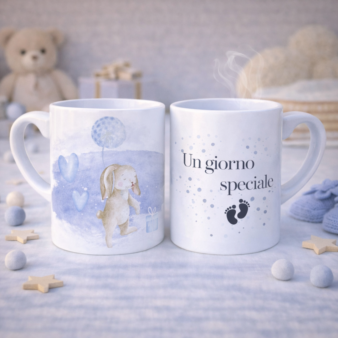 Tazza mug in ceramica bianca fronte e retro con coniglietto appeso ad un soffione, sfondo blu e scritta con piedini, su piano bianco con stelline e dettagli decorativi da bebè color crema e azzurri, con orsetto sullo sfondo.