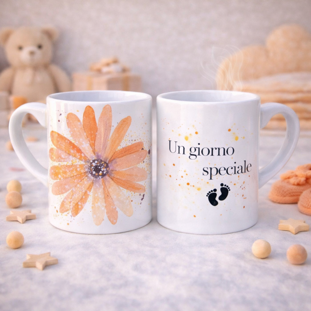 Tazza mug in ceramica bianca fronte e retro con fiore grande arancione e scritta con piedini, su piano bianco con stelline e dettagli decorativi da bebè color crema e arancio con orsetto sullo sfondo.