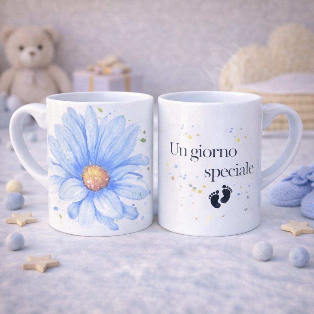 Tazza mug in ceramica bianca fronte e retro con fiore grande azzurro e scritta con piedini, su piano bianco con stelline e dettagli decorativi da bebè color crema e azzurro, con orsetto sullo sfondo.
