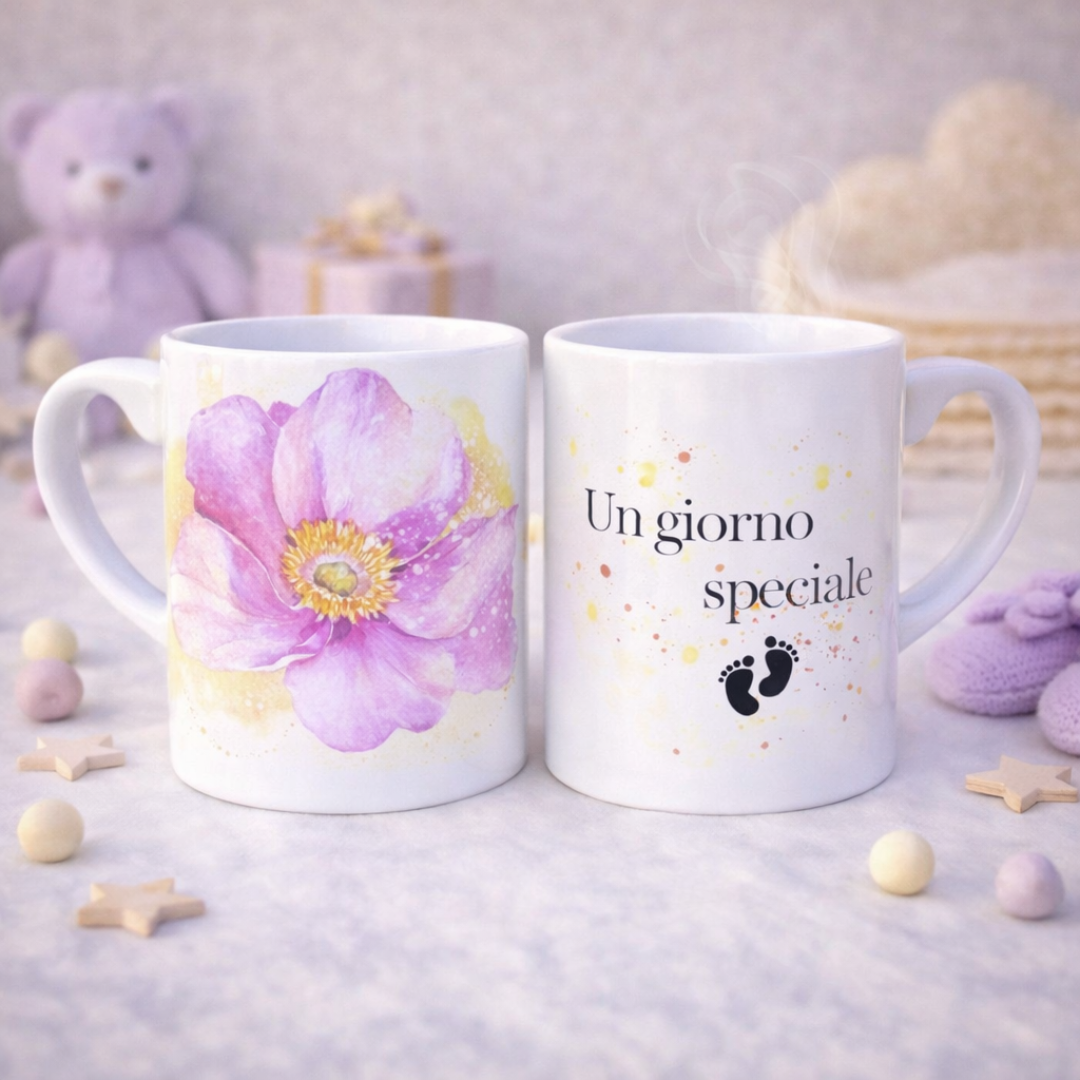Tazza mug in ceramica bianca fronte e retro con fiore grande lilla e scritta con piedini, su piano bianco con stelline e dettagli decorativi da bebè color crema e lilla, con orsetto sullo sfondo.