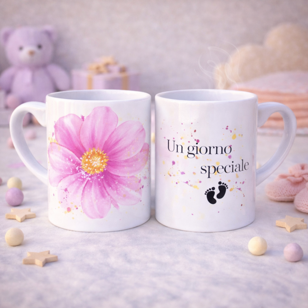 Tazza mug in ceramica bianca fronte e retro con fiore grande rosa acceso e scritta con piedini, su piano bianco con stelline e dettagli decorativi da bebè color crema e lilla, con orsetto sullo sfondo.