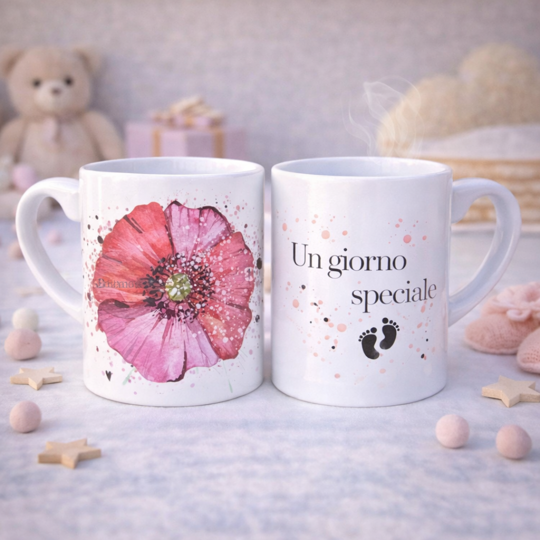 Tazza mug in ceramica bianca fronte e retro con fiore grande bordeaux e scritta con piedini, su piano bianco con stelline e dettagli decorativi da bebè color crema, con orsetto sullo sfondo.