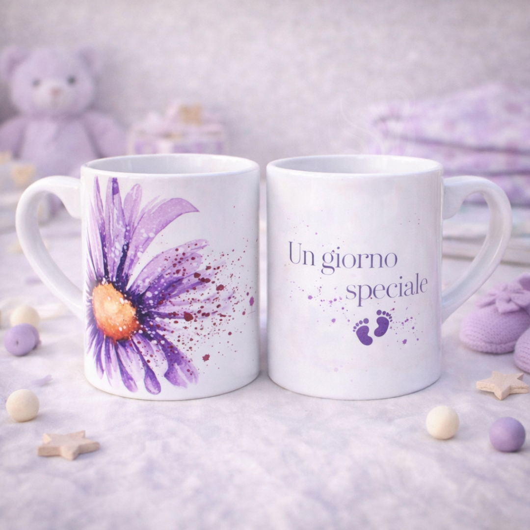 Tazza mug in ceramica bianca fronte e retro con fiore grande viola e scritta con piedini, su piano bianco con stelline e dettagli decorativi da bebè viola e crema con orsetto sullo sfondo.