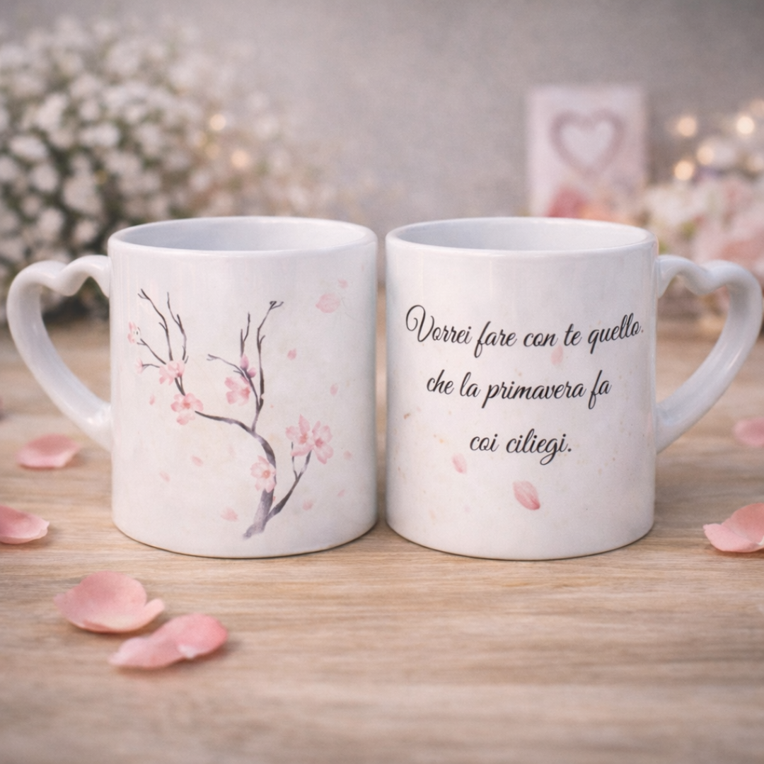 Tazza mug in ceramica bianca con frase poetica e rametto di ciliegio in fiore con petali di rosa, su piano in legno rustico chiaro, petali e dettagli deocrativi rosa in atmosfera romantica. Speciale per innamorati e San valentino.