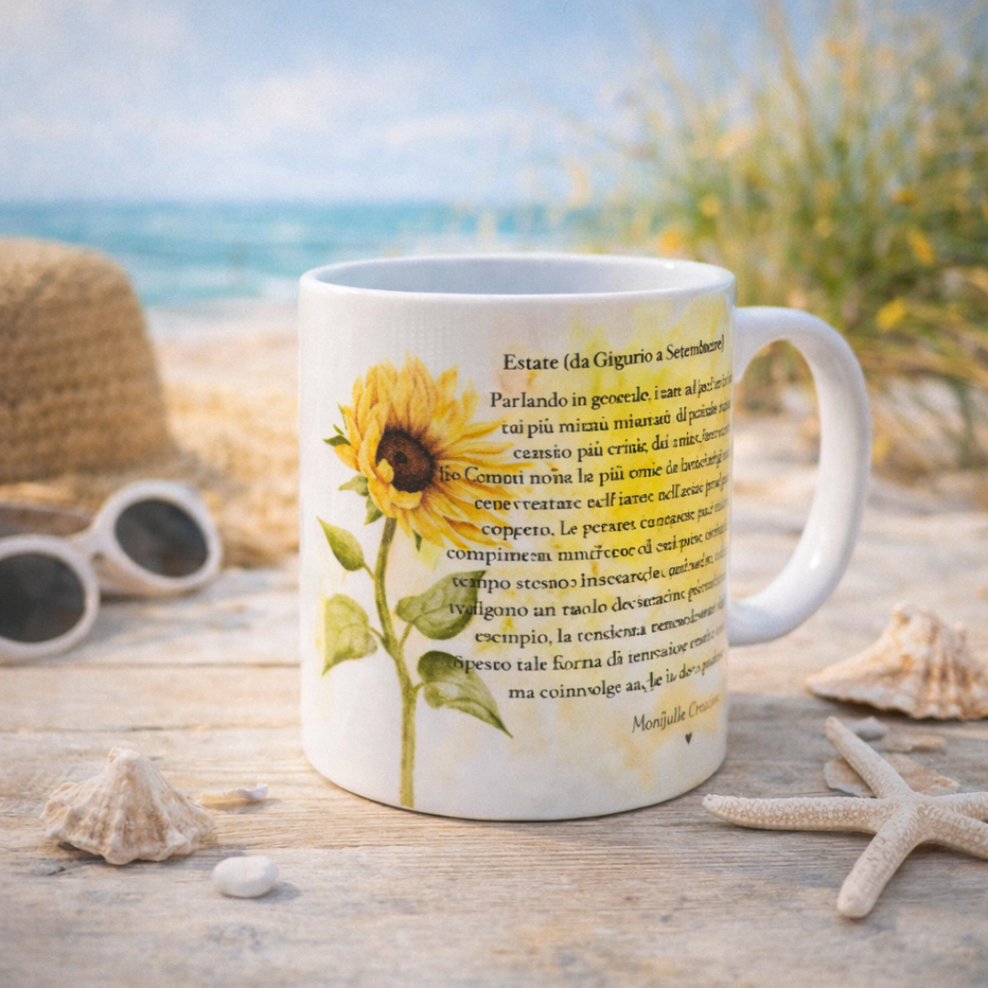 Tazza mug in cermica bianca con girasole e scrtta per comppleanno, su piano i legno chiaro, con conchiglie e stella marina, con sfondo e atmosfera da spiaggia estiva.