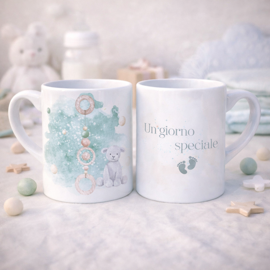 Tazza mug in ceramica bianca fronte e retro con pecorella, sfondo verde acqua e scritta con piedini, su piano bianco con stelline e dettagli decorativi da bebè color crema e verde acqua, con orsetto sullo sfondo.