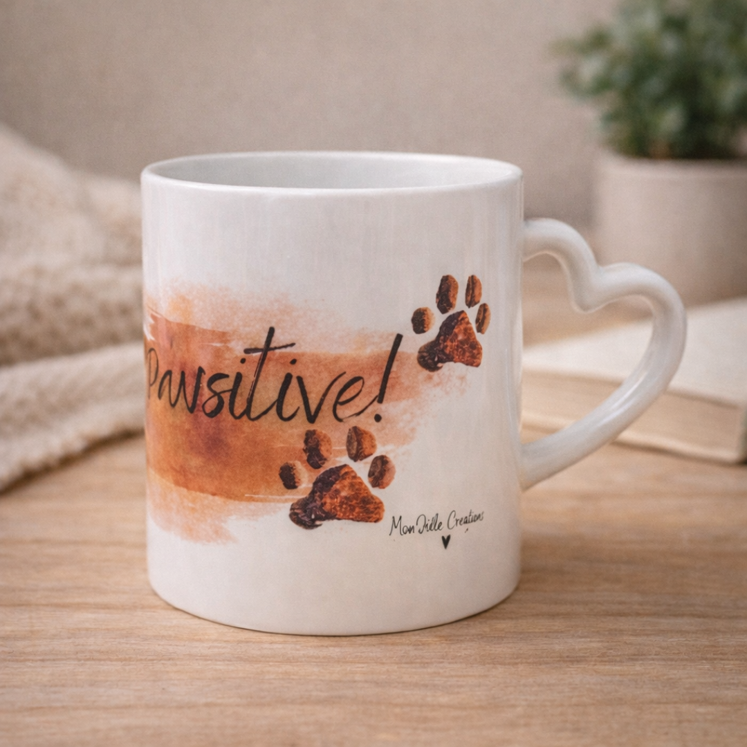 Tazza mug in ceramica bianca con manico a cuore, grafica acquerello nei toni dell'arancione sfumato, con zampe di cane o gatto e frase, su piano in legno chiaro con dettagli decorativi sullo sfondo.